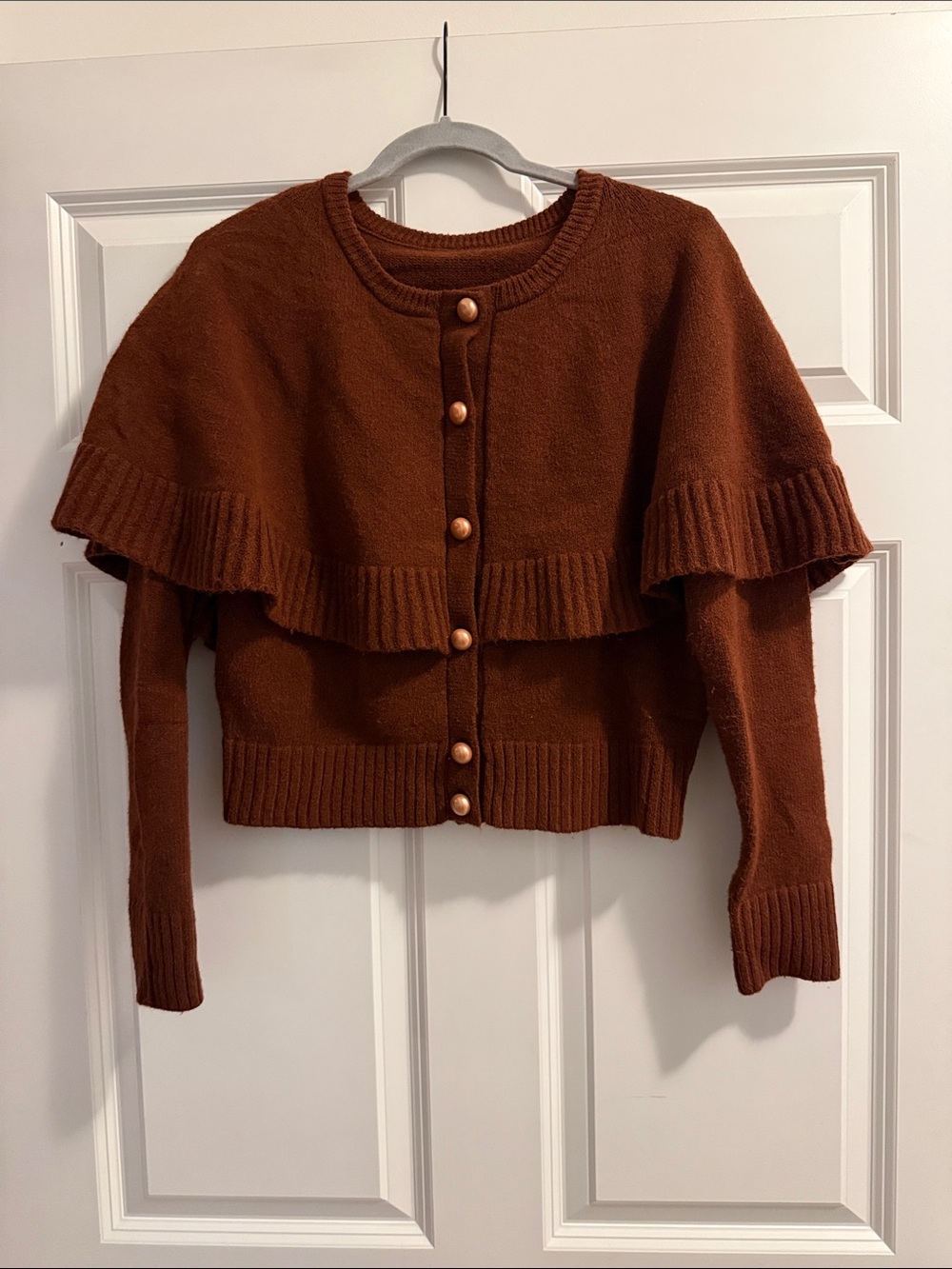Brown Ruffle-Trim Buttoned Women's Sweater